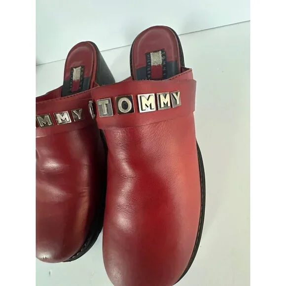 Vtg Y2K 90’s Tommy Hilfiger Slip On Chunky Leather‎ Mules Womens 11M Bejeweled